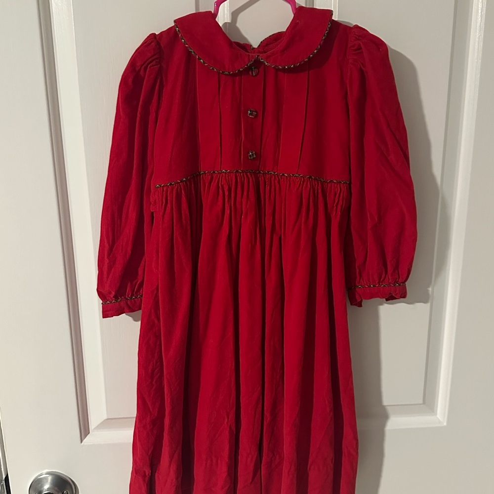 Strasburg Red Corduroy Girl’s christmas Dress plaid trim